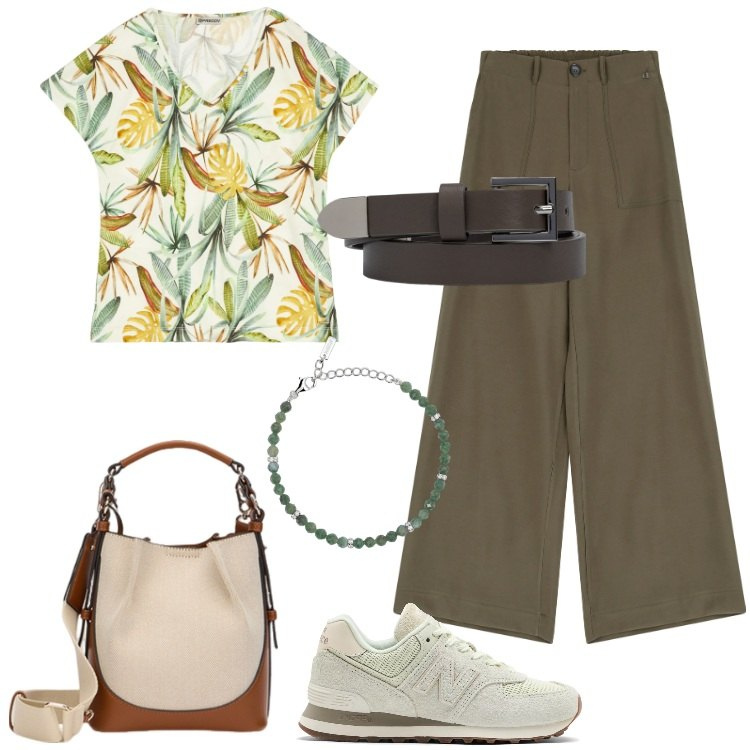 Outfit donna - T-shirt con stampa. Stile Urban per Tutti i giorni. Abbinamento con braccialetti, sneakers, t-shirt, pantaloni, cinture, borse a mano.