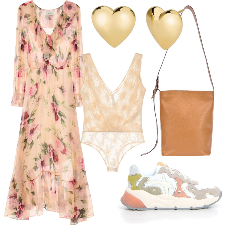 Outfit donna - Cerimonia dress code sneakers. Stile Trendy per Cerimonia. Abbinamento con orecchini, body, vestiti lunghi, sneakers, borse a secchiello.