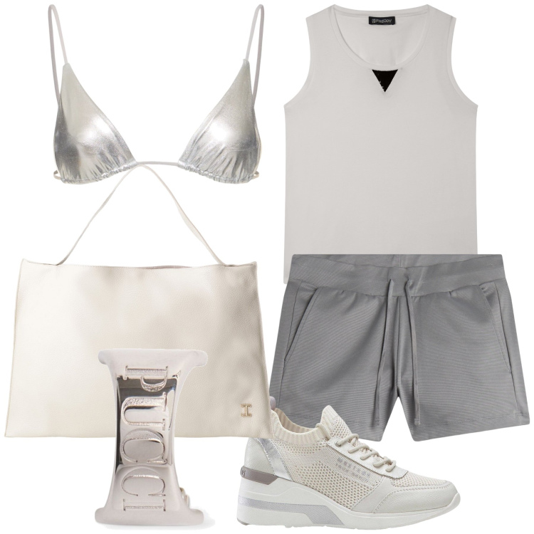 Outfit donna - Grigio argento. Stile Glamour per Mare. Abbinamento con sneakers, borse a spalla, canottiere, shorts, orecchini, bikini.