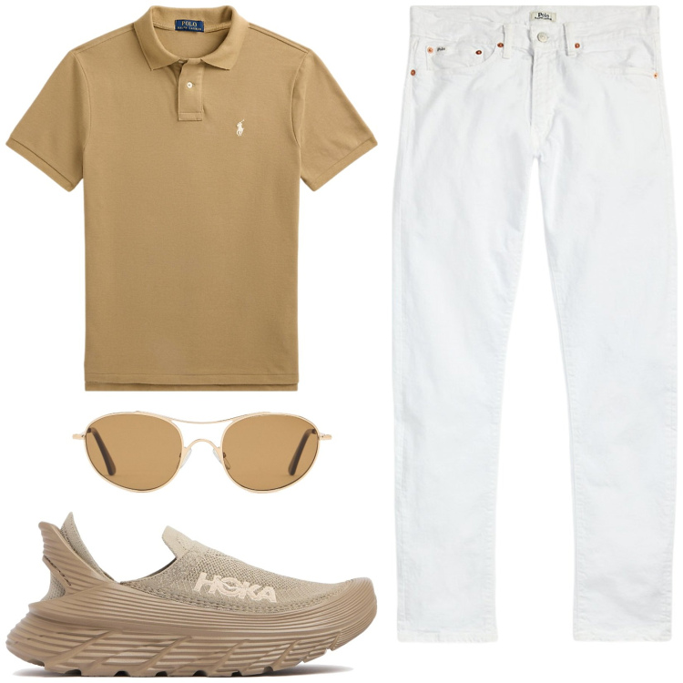 Outfit uomo - Neutral style. Stile Casual per Tutti i giorni. Abbinamento con jeans, polo, occhiali da sole, sneakers.