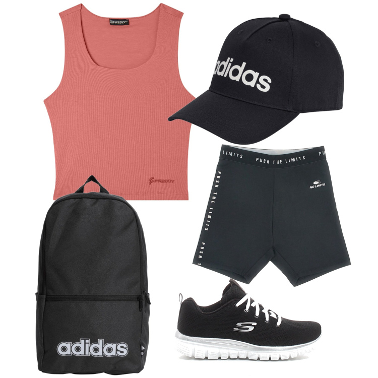 Outfit donna - Direzione palestra e sport. Stile Basic per Sport. Abbinamento con top, pantaloni corti, zaini, cappelli, sneakers.