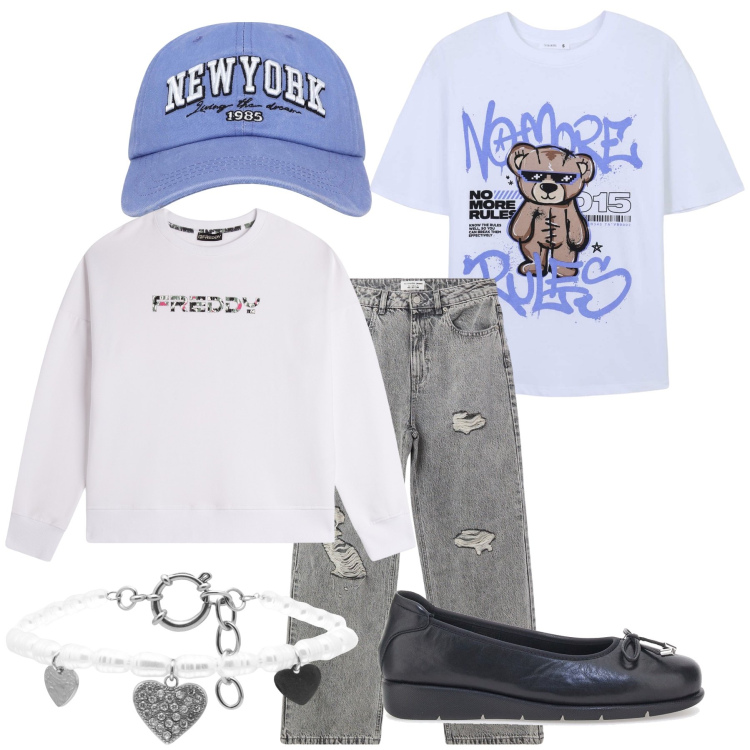 Outfit donna - Vacanza a New York. Stile Casual chic per Tutti i giorni. Abbinamento con t-shirt, cappelli, jeans strappati, felpe con cappuccio, braccialetti, ballerine.