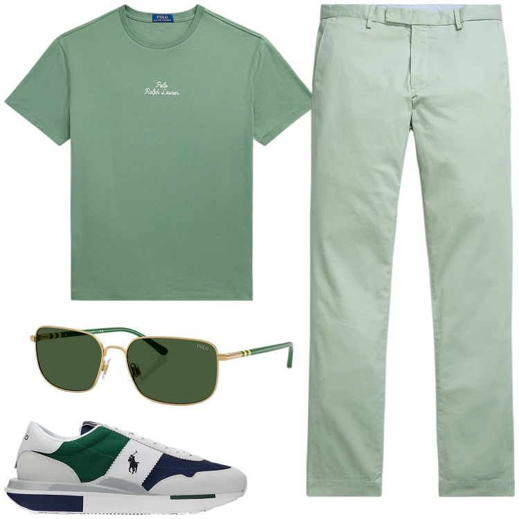 Outfit uomo - Total look verde. Stile Casual per Tutti i giorni. Abbinamento con pantaloni chino, t-shirt, sneakers, occhiali da sole.