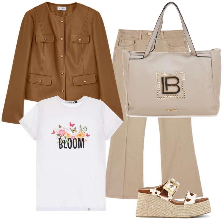 Outfit donna - Pomeriggio tra amiche. Stile Urban per Tutti i giorni. Abbinamento con t-shirt, zeppe, borse a spalla, blazer, pantaloni.