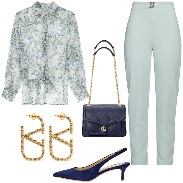 Outfit donna - Cerimonia in blusa e pantaloni. Stile Chic per Cerimonia. Abbinamento con pantaloni, camicie, borse a spalla, décolleté, orecchini.