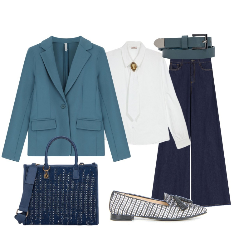 Outfit donna - Mannish sofisticato. Stile Mannish per Ufficio. Abbinamento con blazer, jeans a zampa, mocassini, camicie, borse a mano, cinture.