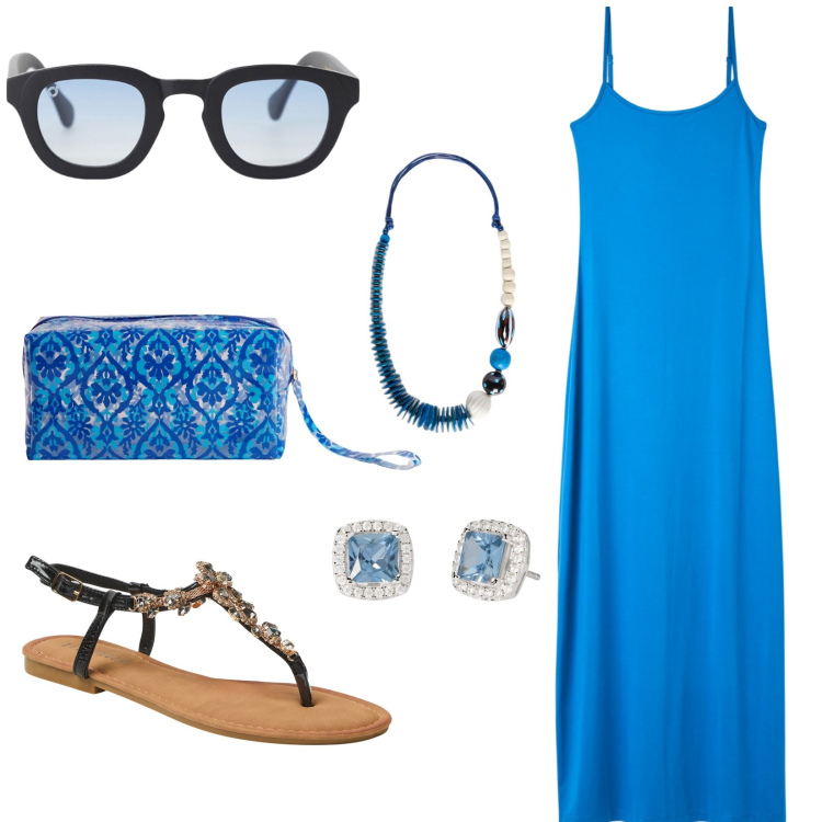 Outfit donna - Azzurro mare. Stile Casual per Mare. Abbinamento con vestiti lunghi, pochette, sandali gioiello, orecchini, occhiali da sole, collane.