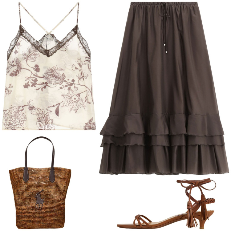Outfit donna - Gonna a balze. Stile Romantica per Tutti i giorni. Abbinamento con gonne lunghe, top, sandali col tacco, borse tote.