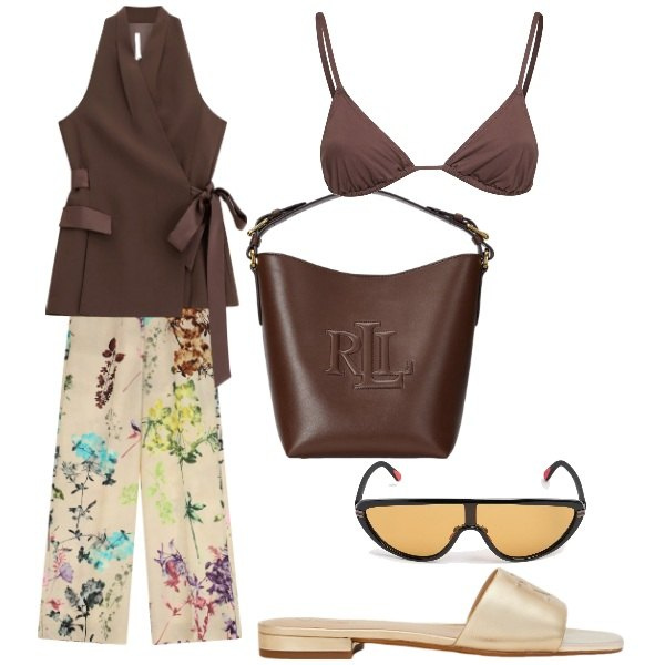 Outfit donna - fiori d\'estate. Stile Trendy per Tutti i giorni. Abbinamento con gilet, pantaloni a palazzo, borse a secchiello, ciabatte, occhiali da sole, bikini.