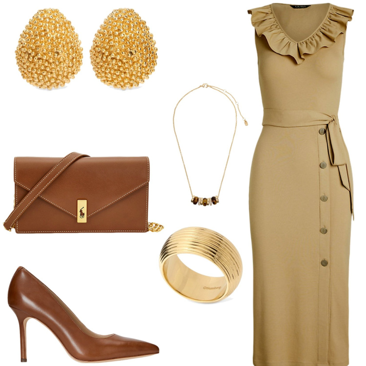 Outfit donna - Abito per cocktail. Stile Glamour per Serata fuori. Abbinamento con clutch, collane, décolleté, vestiti senza maniche, orecchini, anelli.