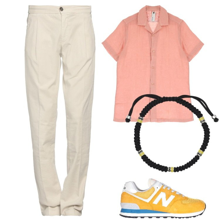 Outfit uomo - Un pò di colore. Stile Trendy per Tutti i giorni. Abbinamento con pantaloni chino, braccialetti, camicie a manica corta, sneakers.