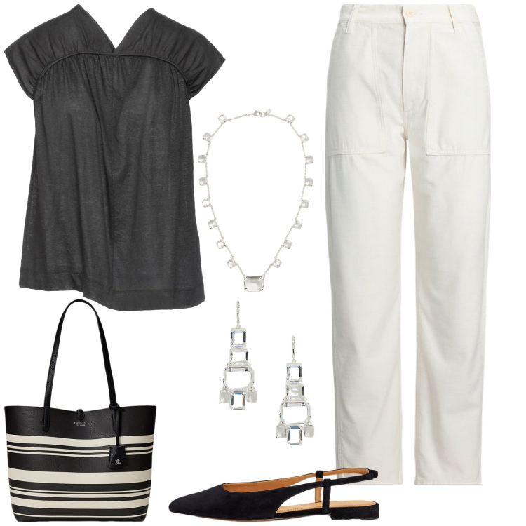 Outfit donna - Easy chic. Stile Casual chic per Tutti i giorni. Abbinamento con top, pantaloni, ballerine, collane, orecchini, borse tote.