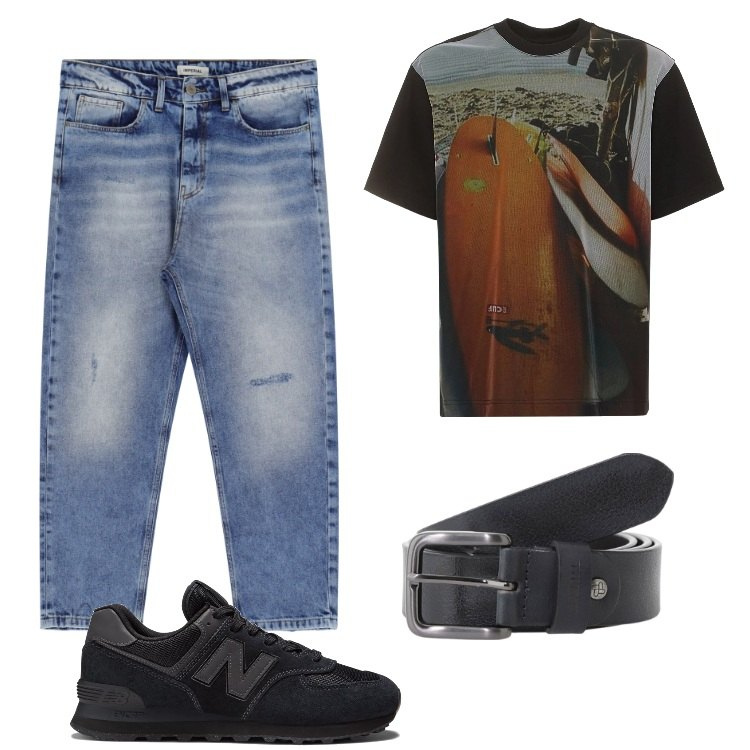Outfit uomo - Un dipinto sulla maglietta. Stile Trendy per Tutti i giorni. Abbinamento con sneakers, cinture, jeans, t-shirt.