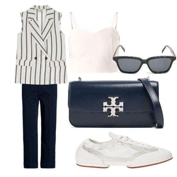 Outfit donna - sottosopra. Stile Sporty chic per Tutti i giorni. Abbinamento con canottiere, gilet, pantaloni, ballerine, occhiali da sole, borse a spalla.
