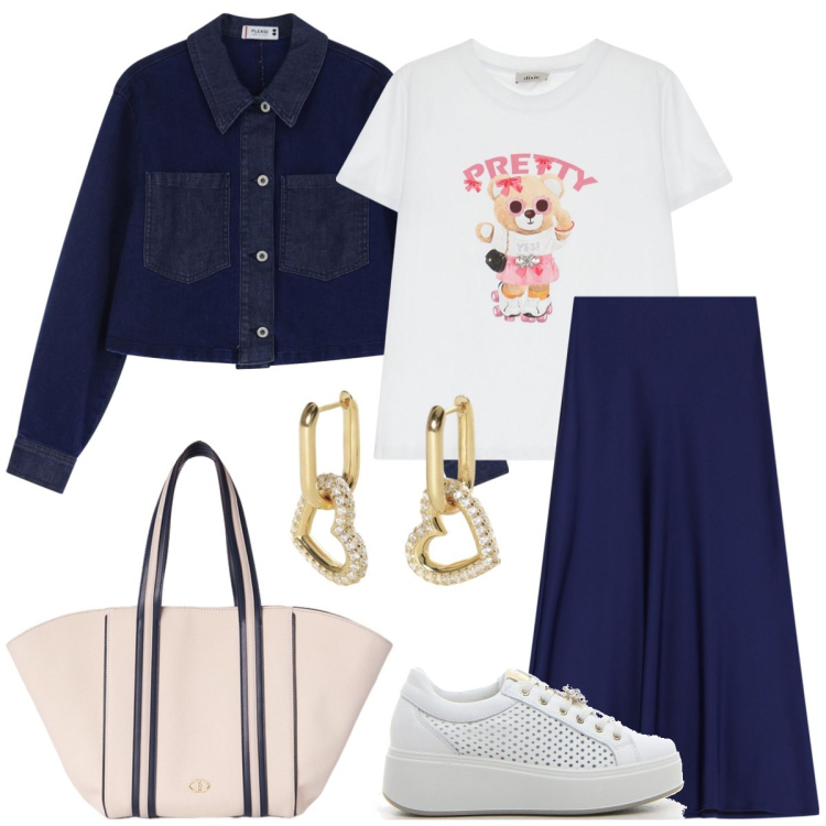 Outfit donna - Total look #2130250. Stile Preppy per Tutti i giorni. Abbinamento con orecchini, blazer, gonne lunghe, t-shirt, sneakers, shopping bag.