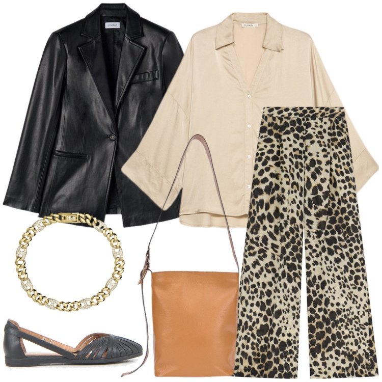 Outfit donna - Total look #2130259. Stile Casual chic per Tutti i giorni. Abbinamento con braccialetti, pantaloni a palazzo, blazer, borse a secchiello, camicie, ballerine.