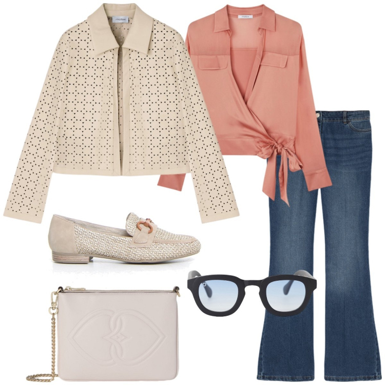 Outfit donna - Total look #2130265. Stile Casual chic per Tutti i giorni. Abbinamento con occhiali da sole, mocassini, camicie, blazer, jeans, pochette.