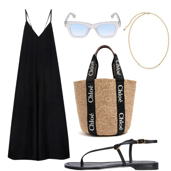 Outfit donna - al sole. Stile Minimal per Mare. Abbinamento con sandali in pelle, collane, shopping bag, occhiali da sole, tute.