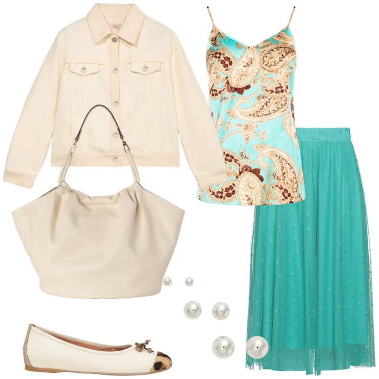 Outfit donna - Verde acqua. Stile Casual chic per Tutti i giorni. Abbinamento con ballerine, gonne longuette, top, orecchini, borse a secchiello, blazer.
