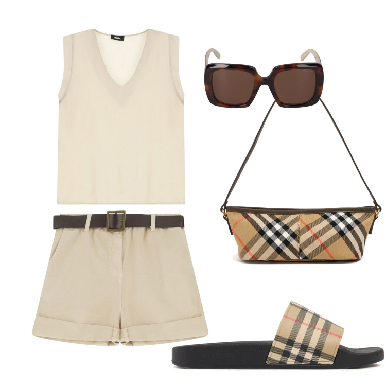 Outfit donna - Burberry per la passeggiata estiva. Stile Casual chic per Tutti i giorni. Abbinamento con shorts, top, borse a mano, sandali, occhiali da sole.