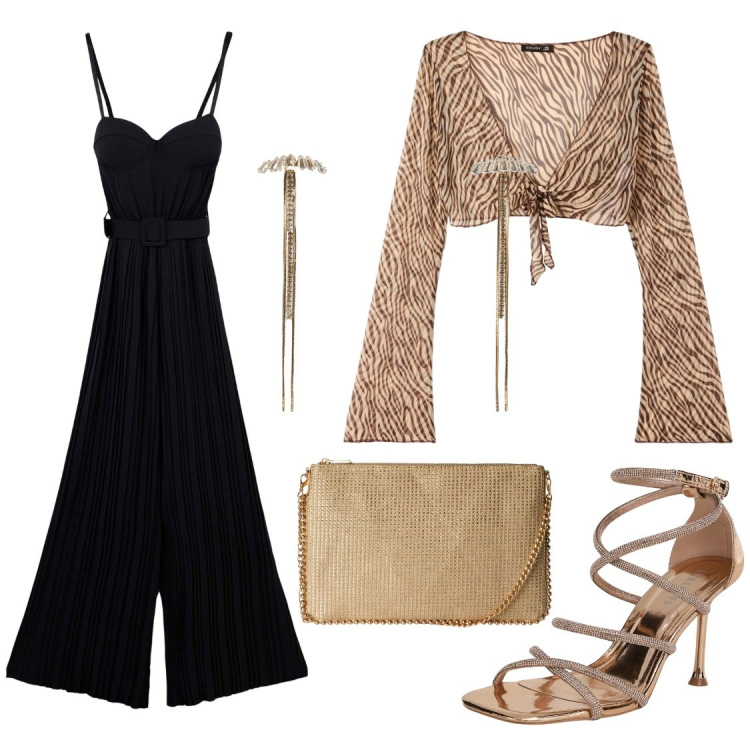 Outfit donna - Terranova occasioni speciali. Stile Casual chic per Serata fuori. Abbinamento con sandali col tacco, borse a tracolla, tute, bolero, orecchini.