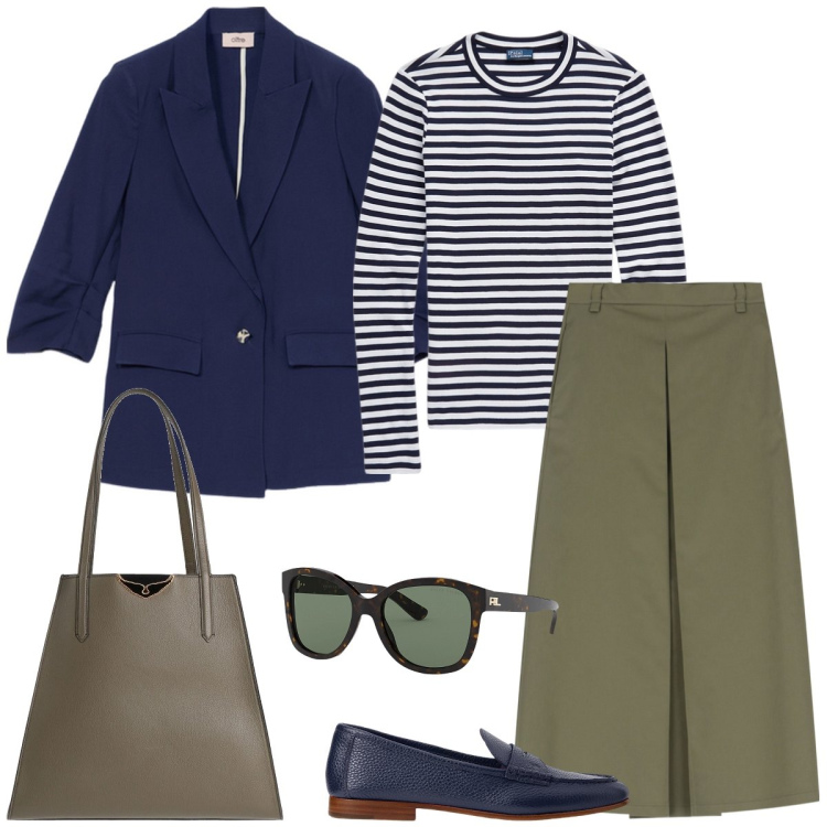 Outfit donna - Ufficio. Stile Minimal per Ufficio. Abbinamento con borse a mano, gonne lunghe, t-shirt, occhiali da sole, mocassini, blazer.
