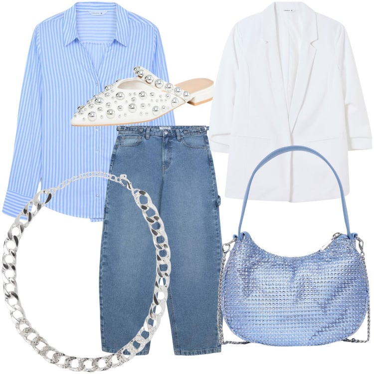 Outfit donna - Terranova all day. Stile Casual per Tutti i giorni. look ideale per Tall. Abbinamento con blazer, collane, camicie, jeans, ballerine, borse a spalla.