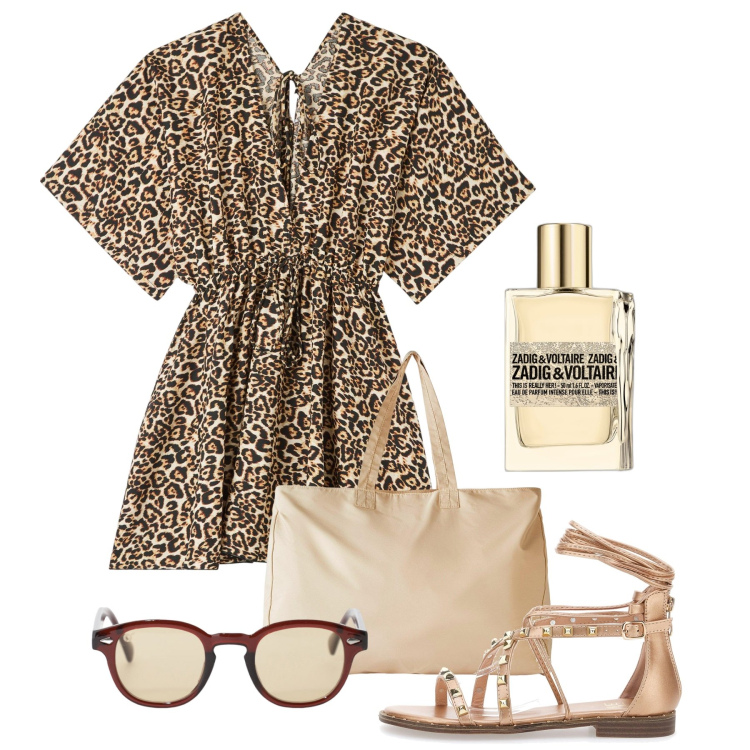 Outfit donna - Leo a maggio. Stile Chic per Tutti i giorni. Abbinamento con shopping bag, profumi, caftani, occhiali da sole, sandali alla schiava.
