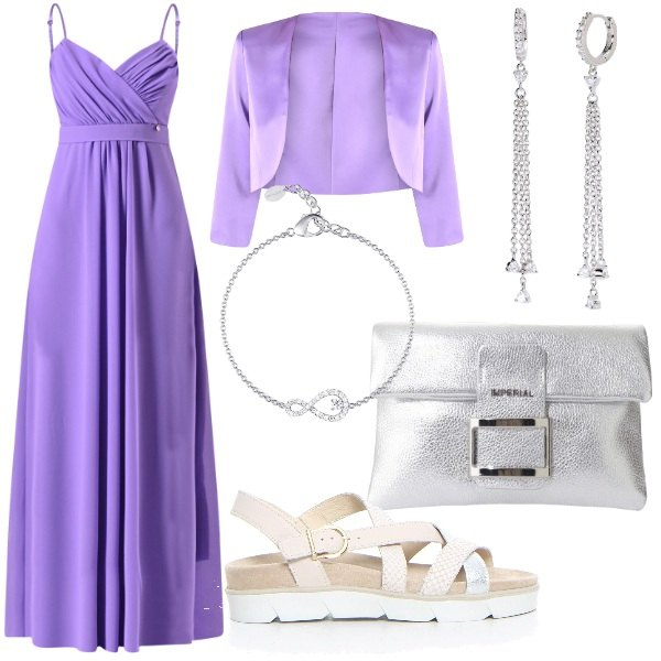 Outfit donna - Pranzo della festa della mamma. Stile Glamour per Cerimonia. Abbinamento con pochette, braccialetti, orecchini, vestiti lunghi, bolero, sandali.