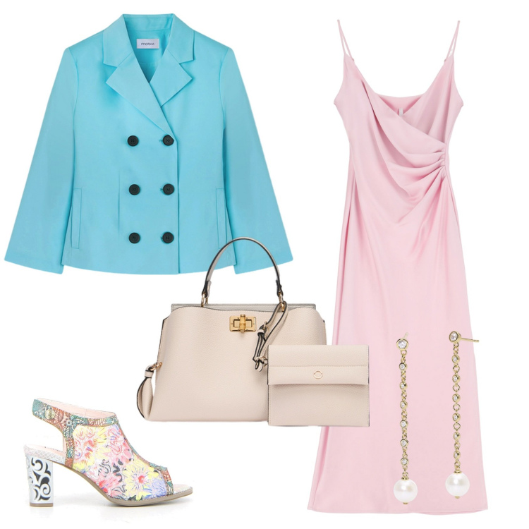 Outfit donna - Total look #2130288. Stile Chic per Cerimonia. Abbinamento con orecchini, vestiti midi/longuette, sandali col tacco, borse a mano, blazer.