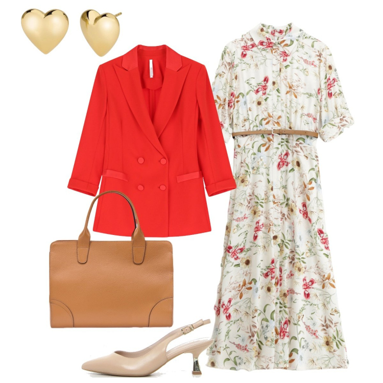 Outfit donna - La mamma con l’abito a fiori. Stile Bon Ton per Cerimonia. Abbinamento con orecchini, vestiti midi/longuette, blazer, borse tote, décolleté.