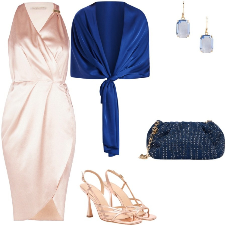 Outfit donna - Serata glamour. Stile Glamour per Serata fuori. Abbinamento con vestiti senza maniche, stole, orecchini, sandali col tacco, clutch.