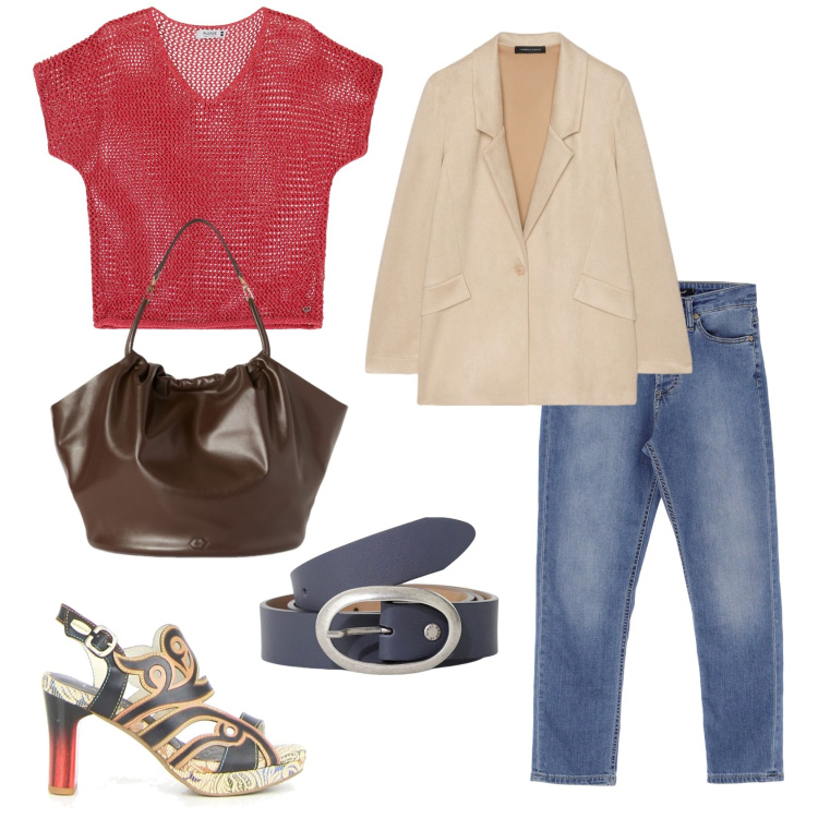 Outfit donna - Total look #2130299. Stile Chic per Ufficio. Abbinamento con maglieria, jeans, cinture, blazer, sandali col tacco, borse a secchiello.