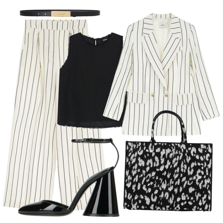 Outfit donna - Bianco e nero. Stile Casual chic per Ufficio. Abbinamento con décolleté, borse a mano, top, blazer, pantaloni, cinture.
