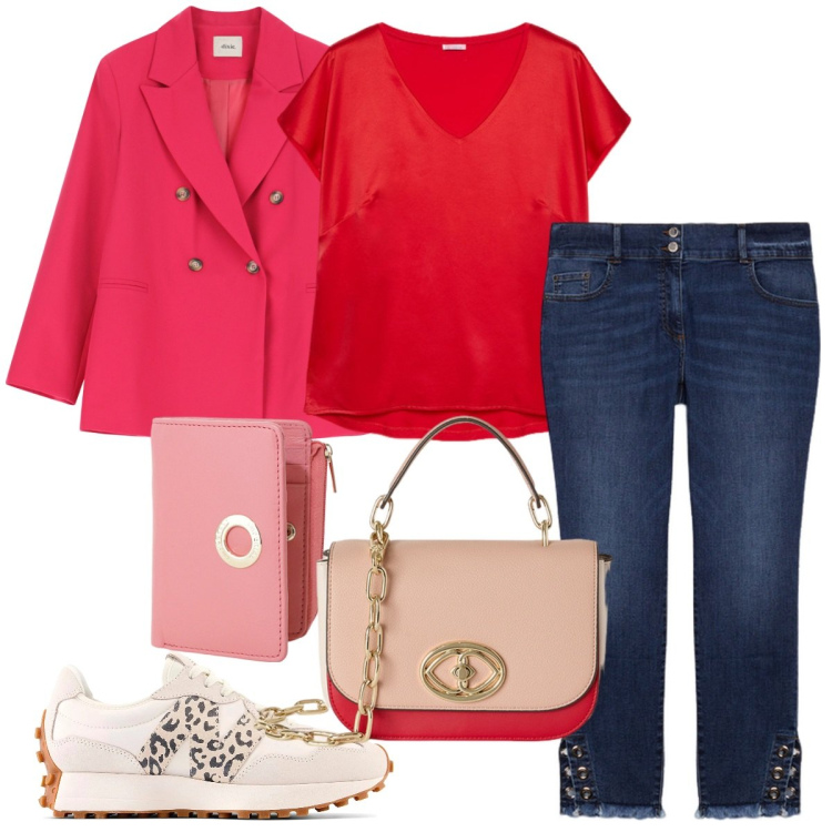 Outfit donna - New Shop. Stile Casual chic per Tutti i giorni. Abbinamento con portafogli, blazer, t-shirt, jeans skinny, sneakers, borse a tracolla.