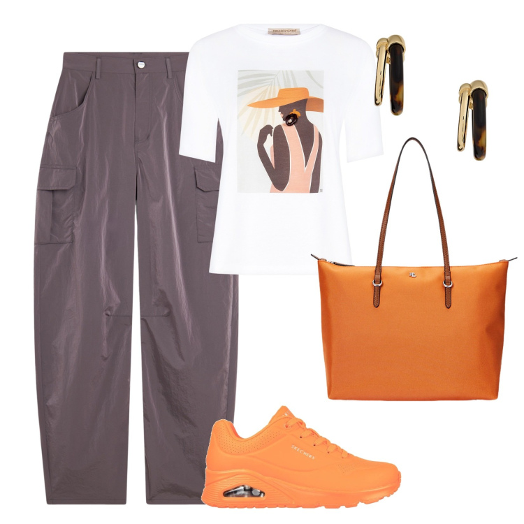 Outfit donna - Orange Revolution. Stile Casual per Tutti i giorni. Abbinamento con t-shirt, pantaloni cargo, borse tote, orecchini, sneakers.