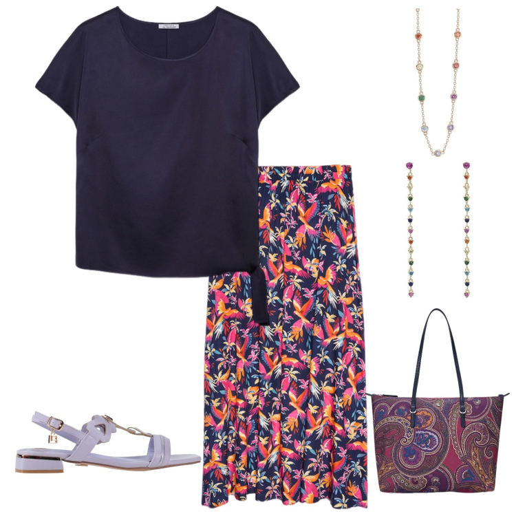 Outfit donna - La gonna bella. Stile Etnico per Serata fuori. Abbinamento con sandali, orecchini, collane, borse tote, bluse, gonne lunghe.