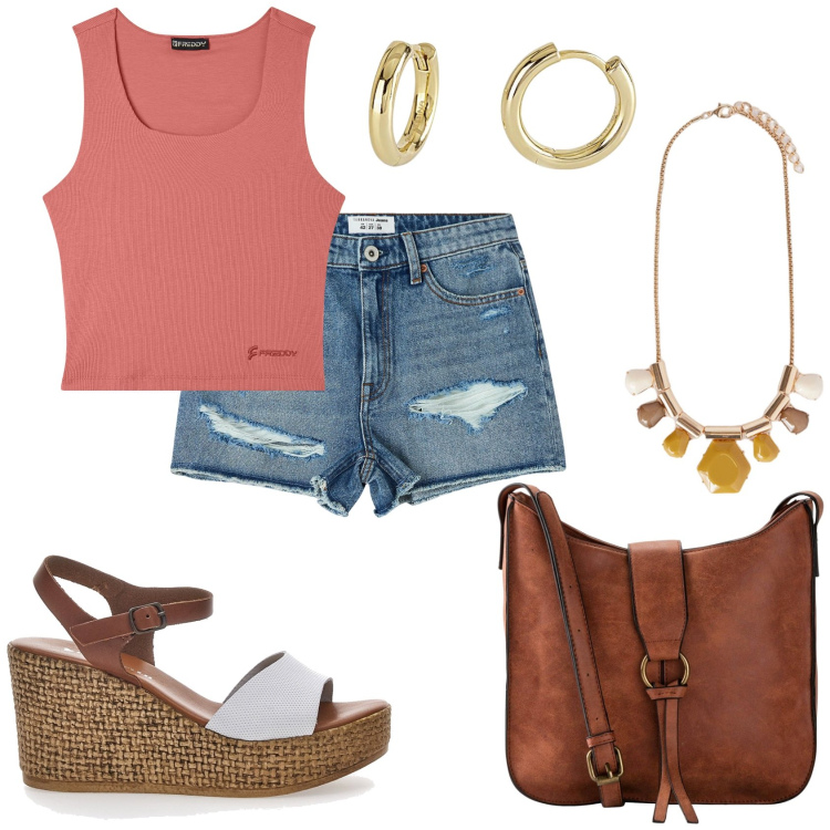 Outfit donna - Pantaloncino e canotta. Stile Casual per Tutti i giorni. Abbinamento con borse a tracolla, shorts, orecchini, top, sandali col tacco, collane.