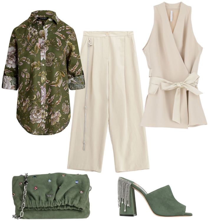 Outfit donna - Panna e verde. Stile Casual chic per Serata fuori. Abbinamento con borse a tracolla, sandali in pelle, pantaloni, gilet, camicie.