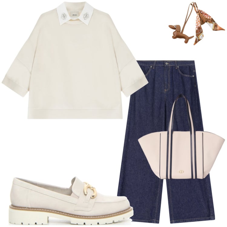 Outfit donna - Boscaini scarpe. Stile Casual per Ufficio. Abbinamento con jeans, felpe, portachiavi, mocassini, shopping bag.