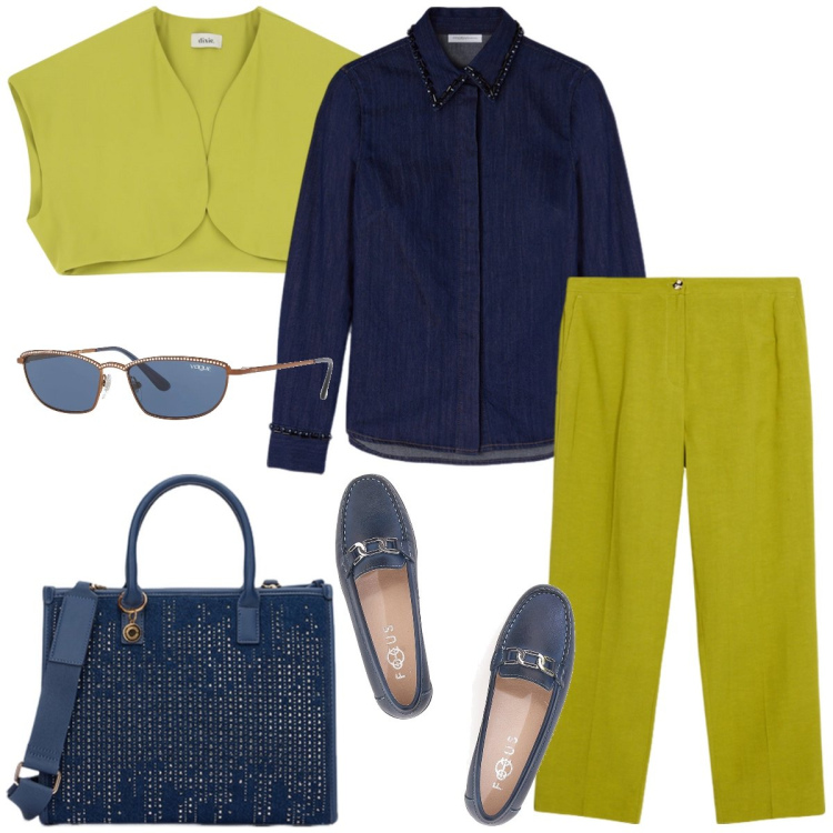 Outfit donna - Verde lime. Stile Casual chic per Tutti i giorni. Abbinamento con occhiali da sole, gilet, mocassini, pantaloni, borse a mano, camicie.