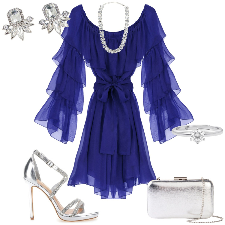 Outfit donna - Serata evento glamour. Stile Glamour per Serata fuori. Abbinamento con pochette, collane, anelli, vestiti corti, orecchini, sandali col tacco.