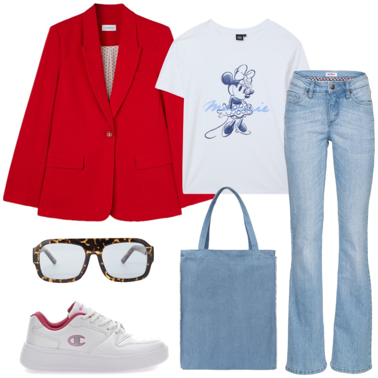 Outfit donna - Dinamica. Stile Casual per Tutti i giorni. Abbinamento con jeans bootcut, t-shirt, borse tote, occhiali da sole, sneakers, blazer.