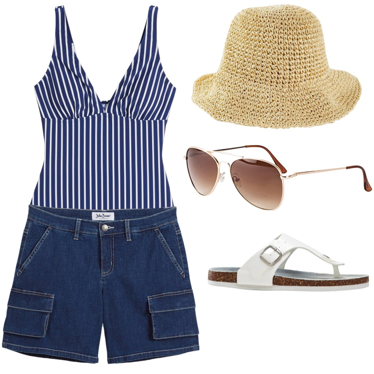 Outfit donna - Amo nuotare. Stile Basic per Mare. Abbinamento con costumi interi, occhiali da sole, infradito, cappelli, shorts.