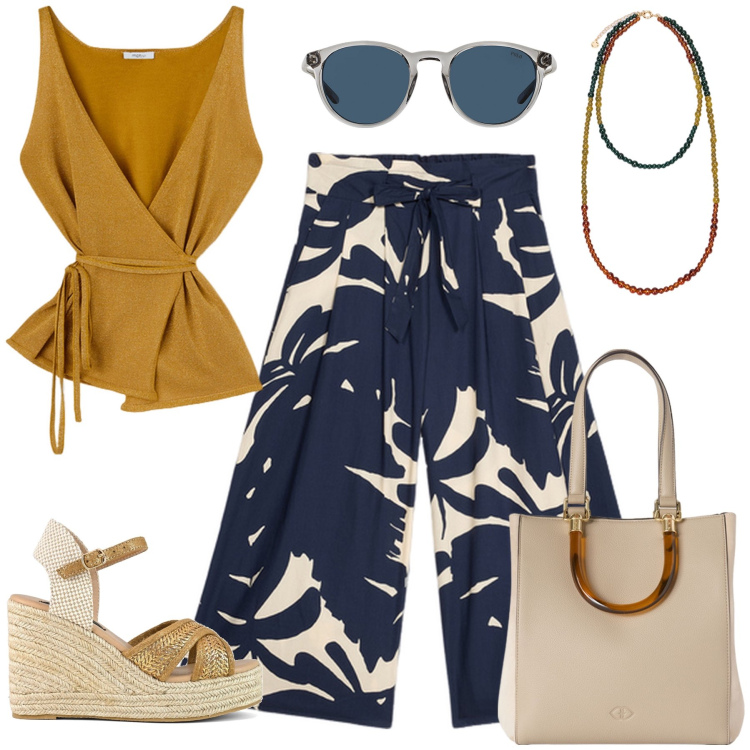Outfit donna - Foliage in blu. Stile Etnico per Tutti i giorni. Abbinamento con occhiali da sole, zeppe, top, gonne, shopping bag, ciondoli.