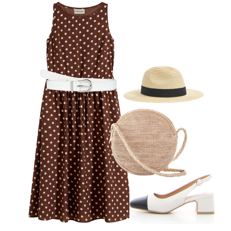 Outfit donna - Pretty woman. Stile Chic per Tutti i giorni. Abbinamento con vestiti midi/longuette, borse a tracolla, cappelli, cinture, décolleté.