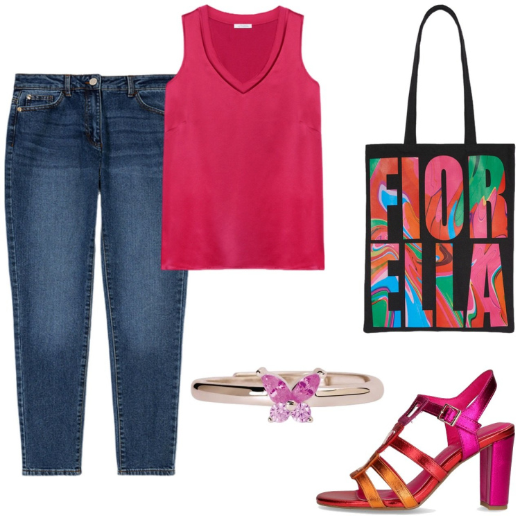 Outfit donna - Per le vie del centro. Stile Glamour per Tutti i giorni. Abbinamento con anelli, sandali col tacco, borse tote, top, jeans slim fit.