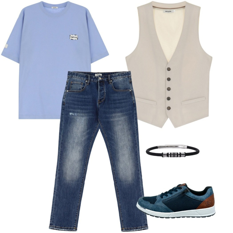 Outfit uomo - Look Informale. Stile Trendy per Tutti i giorni. Abbinamento con braccialetti, jeans dritti, gilet, t-shirt, scarpe stringate.