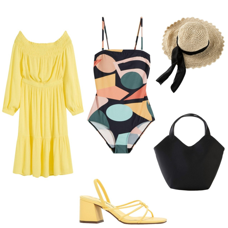Outfit donna - Costume intero fantasia. Stile Casual per Mare. Abbinamento con costumi interi, sandali col tacco, cappelli, vestiti, borse a mano.
