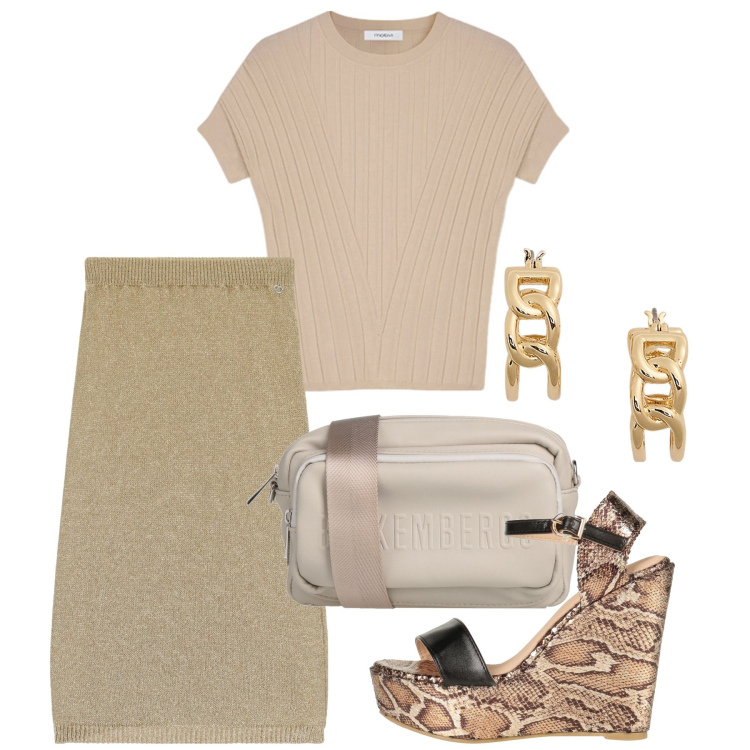 Outfit donna - Minimal chic mood. Stile Chic per Tutti i giorni. Abbinamento con borse a tracolla, sandali in pelle, gonne longuette, orecchini, maglieria.